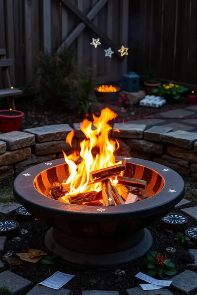 Feuerschale im Garten als Silvesterdeko für den Außenbereich bei Nacht
