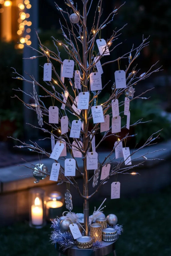 Wunschbaum mit Zetteln und Licht als Silvesterdeko für den Außenbereich