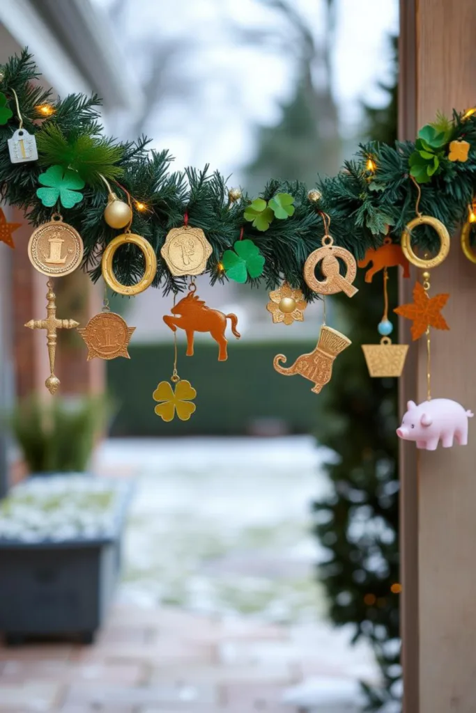 Girlande mit Glückssymbolen als Silvesterdeko für den Außenbereich am Eingang