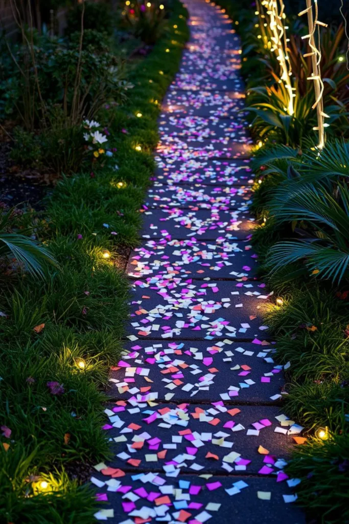 Konfetti auf Gartenweg als Silvesterdeko für den Außenbereich bei Abendlicht