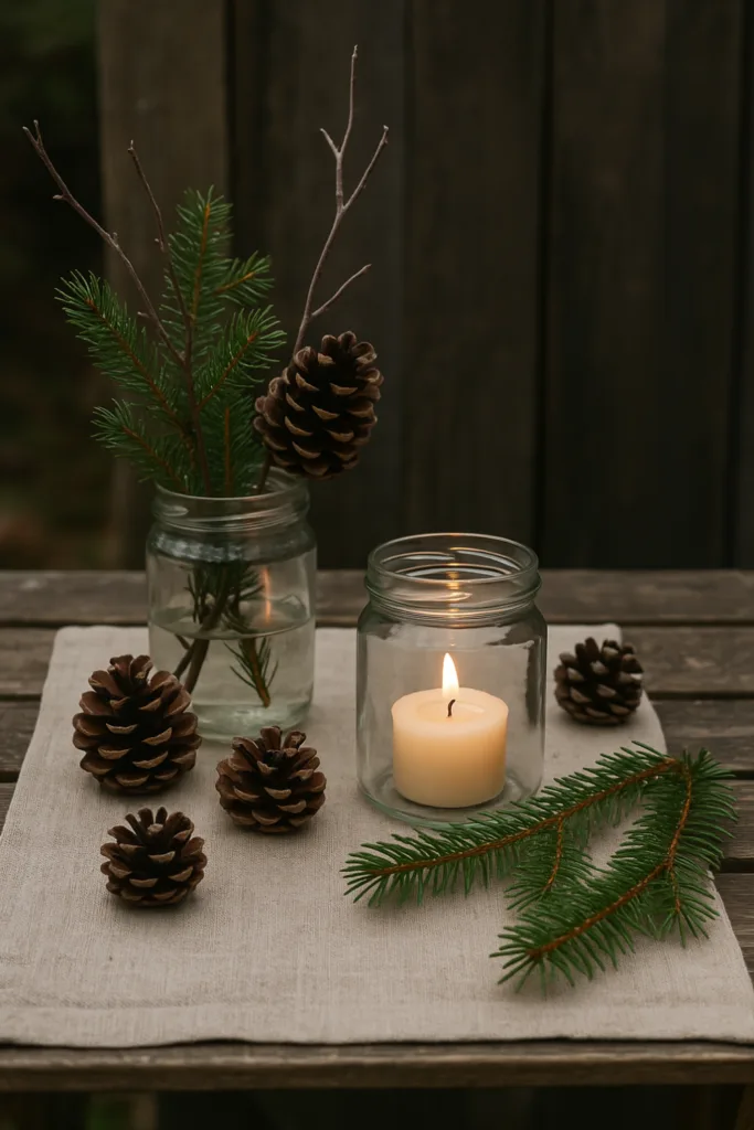 Silvesterdeko im Schrebergarten - 5 erlaubte Ideen für deine Party Silvesterdeko im Schrebergarten: natürliche Tischdeko mit Windlicht, Zapfen und Tannenzweigen im Wintergarten