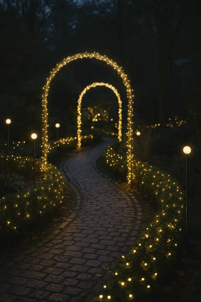 Beleuchteter Gartenweg mit Lichterketten als Weihnachtsdeko für große Gärten
