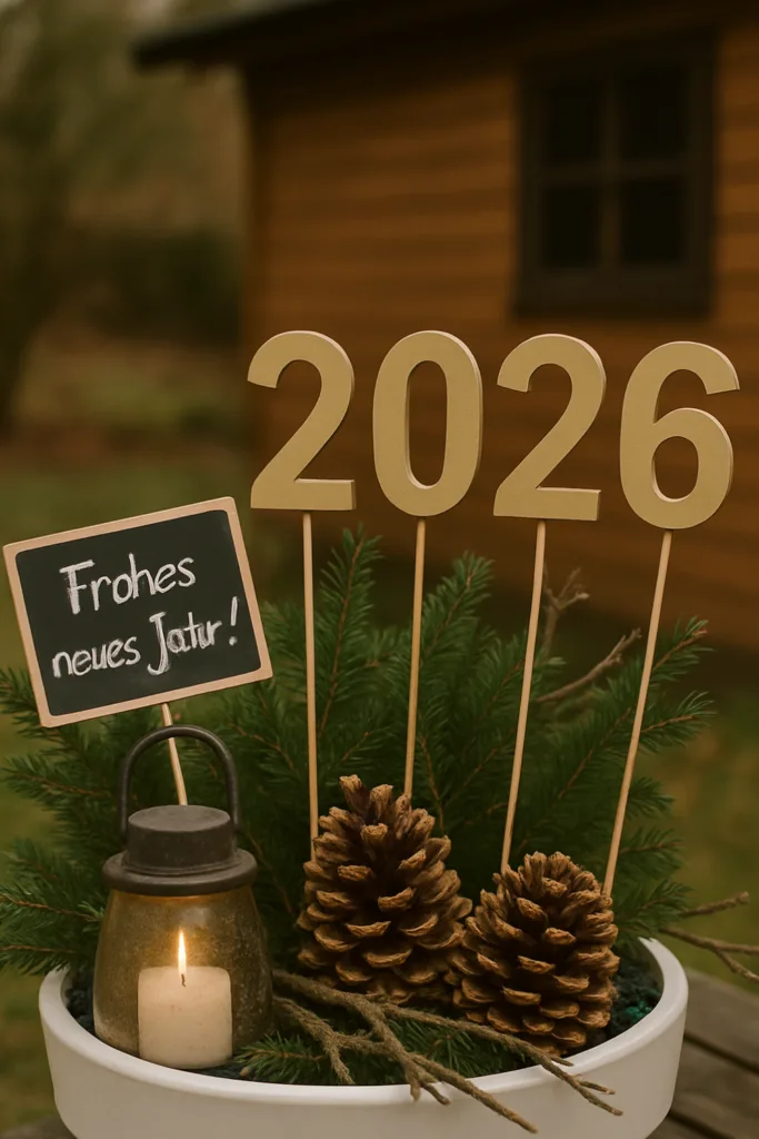 Silvesterdeko im Schrebergarten - 5 erlaubte Ideen für deine Party Silvesterdeko im Schrebergarten mit Holz-Zahlen, Tannenzweigen, Zapfen und Windlicht im Pflanzkübel