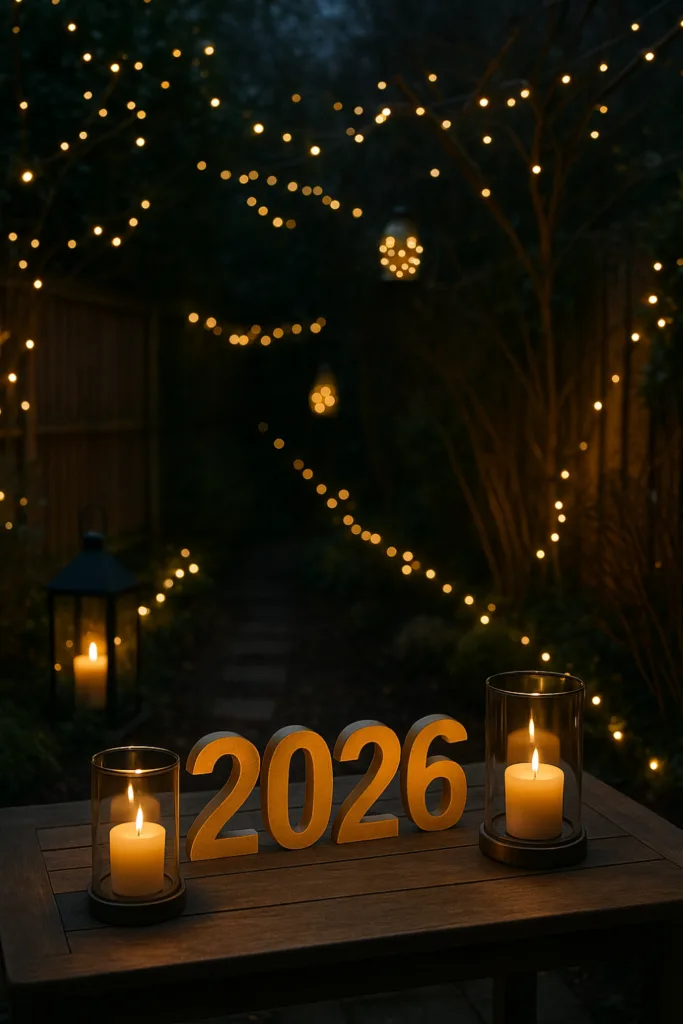 Silvesterdeko im Reihenhausgarten - Mit diesen 5 Gartenideen wird’s unvergesslich! Festlich beleuchteter Reihenhausgarten mit Kerzen, Lichterketten und Deko zu Silvester 2026