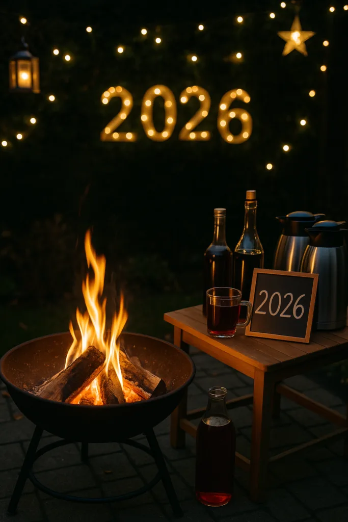 Silvesterdeko im Reihenhausgarten - Mit diesen 5 Gartenideen wird’s unvergesslich! Feuerstelle mit Glühwein und Lichterketten als Silvesterdeko im Reihenhausgarten 2026