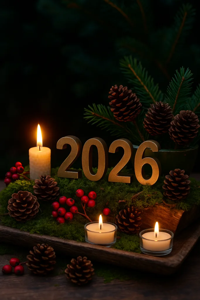 Silvesterdeko im Reihenhausgarten - Mit diesen 5 Gartenideen wird’s unvergesslich! Silvesterdeko 2026 im Reihenhausgarten mit Moos, Kerzen, Tannenzweigen und Zapfen