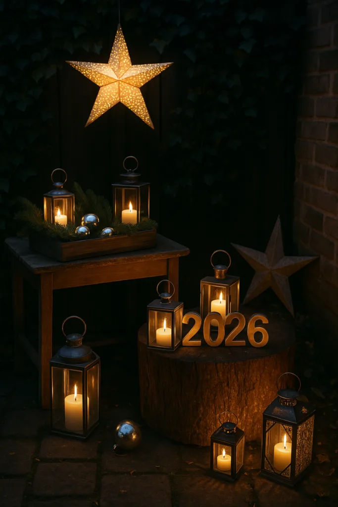 Silvesterdeko im Reihenhausgarten - Mit diesen 5 Gartenideen wird’s unvergesslich! Laternen und Sternenlicht als Silvesterdeko im Reihenhausgarten 2026 bei Nacht
