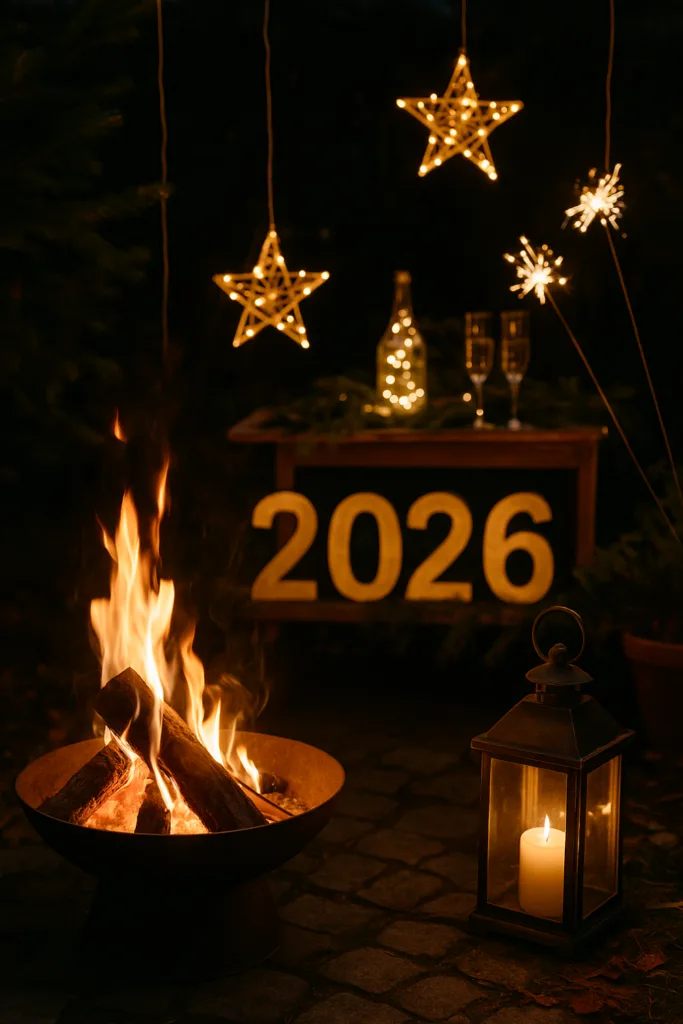 Silvesterdeko im Reihenhausgarten - Mit diesen 5 Gartenideen wird’s unvergesslich! Feuerschale und Lichterdeko als stimmungsvolle Silvesterdeko im Reihenhausgarten 2026