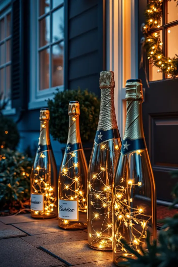 Silvesterdeko Hauseingang mit beleuchteten Flaschen und warmem Licht für festliche Atmosphäre