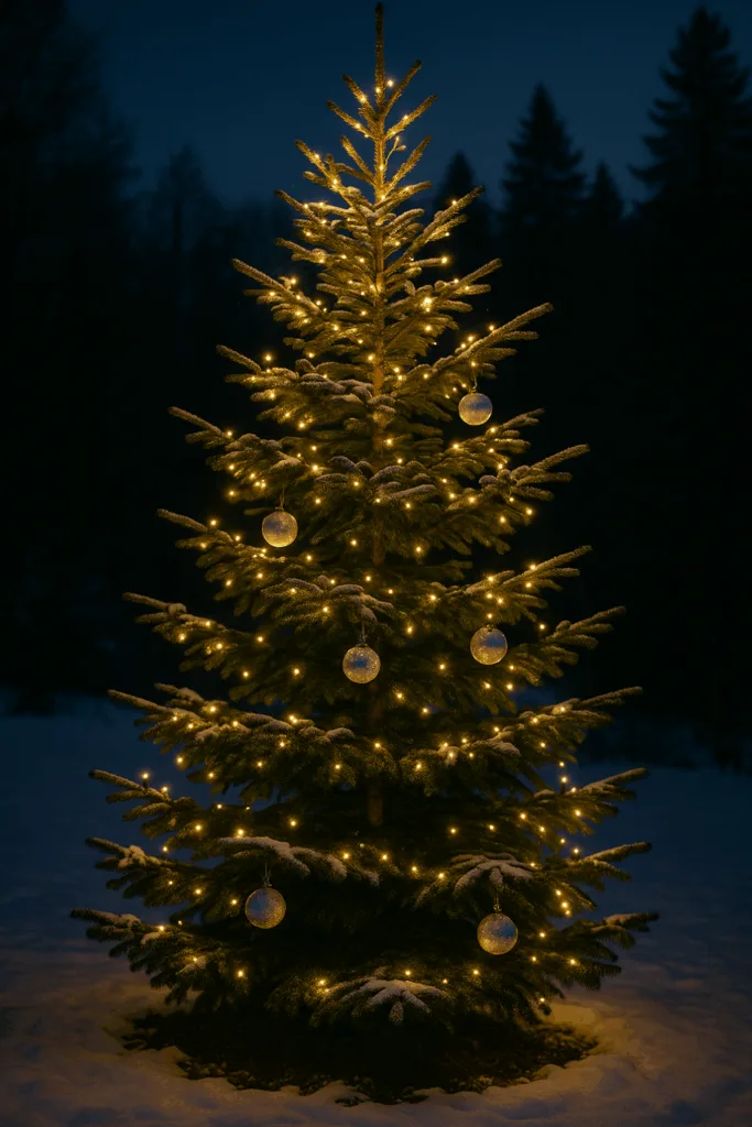 Beleuchteter Weihnachtsbaum im großen Garten mit warmweißen Lichterketten bei Nacht