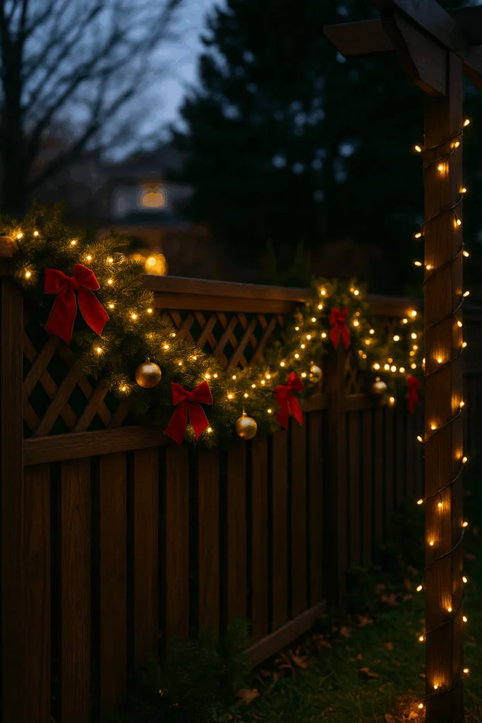 Weihnachtsdeko im großen Garten mit beleuchtetem Zaun und roten Schleifen