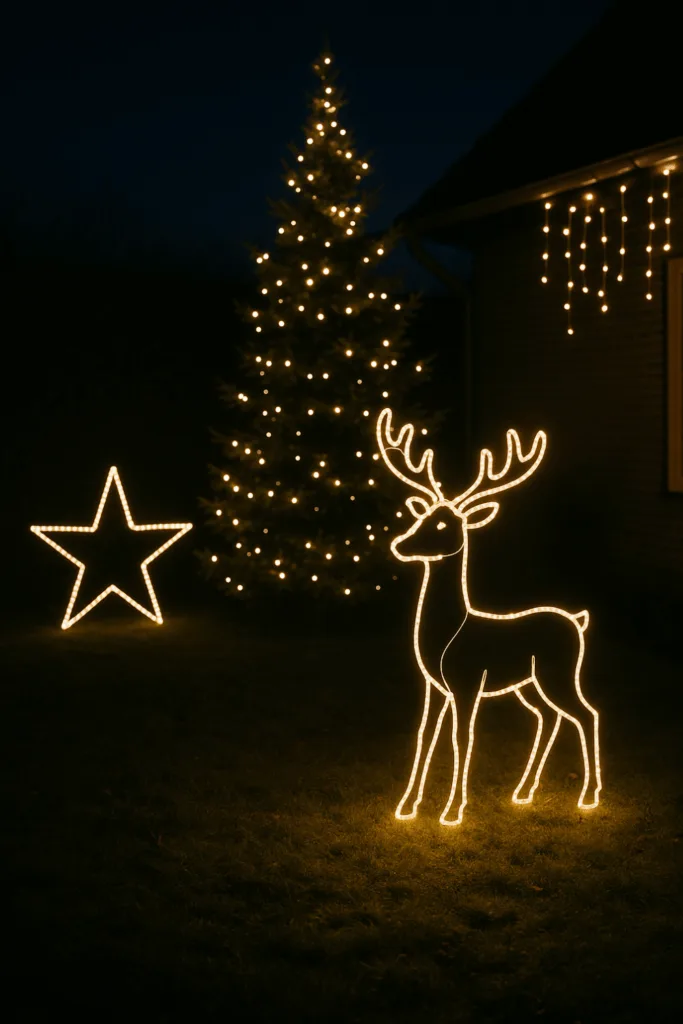 Leuchtende Rentierfigur und Weihnachtsbaum als stimmungsvolle Weihnachtsdeko im großen Garten