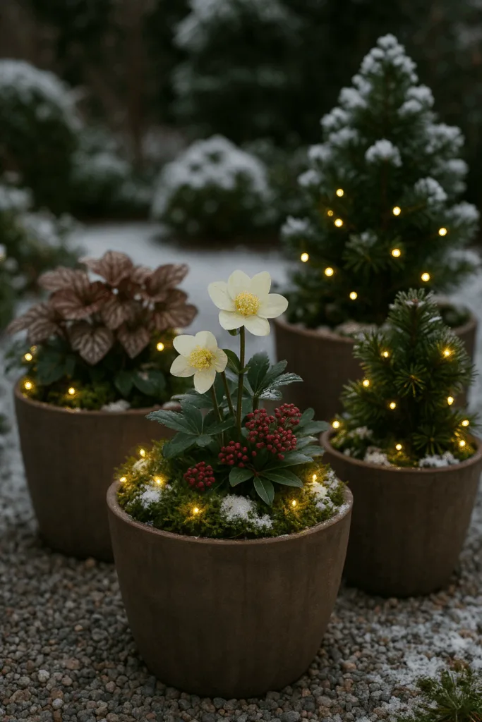 Beleuchtete Pflanzkübel mit Christrosen und Immergrün als Weihnachtsdeko im großen Garten