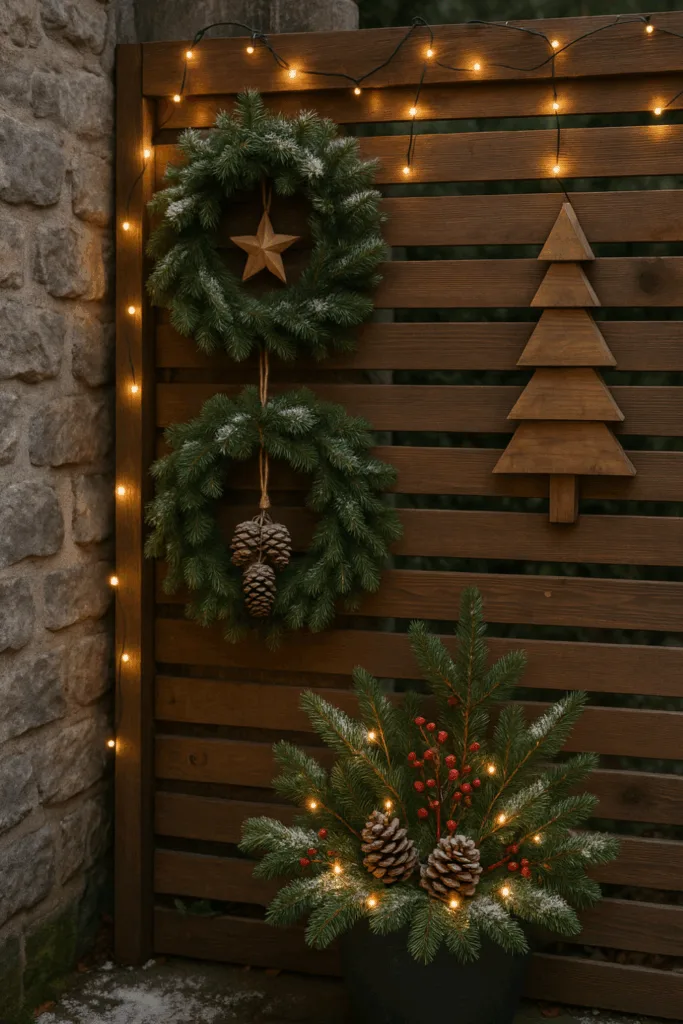 Vertikale Weihnachtsdeko an Holzzaun mit Lichterkette, Kranz und Tannenzweigen im Garten