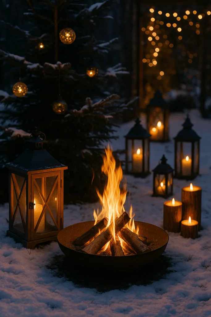 Feuerstelle mit Laternen und Kerzen als Weihnachtsdeko für große Gärten