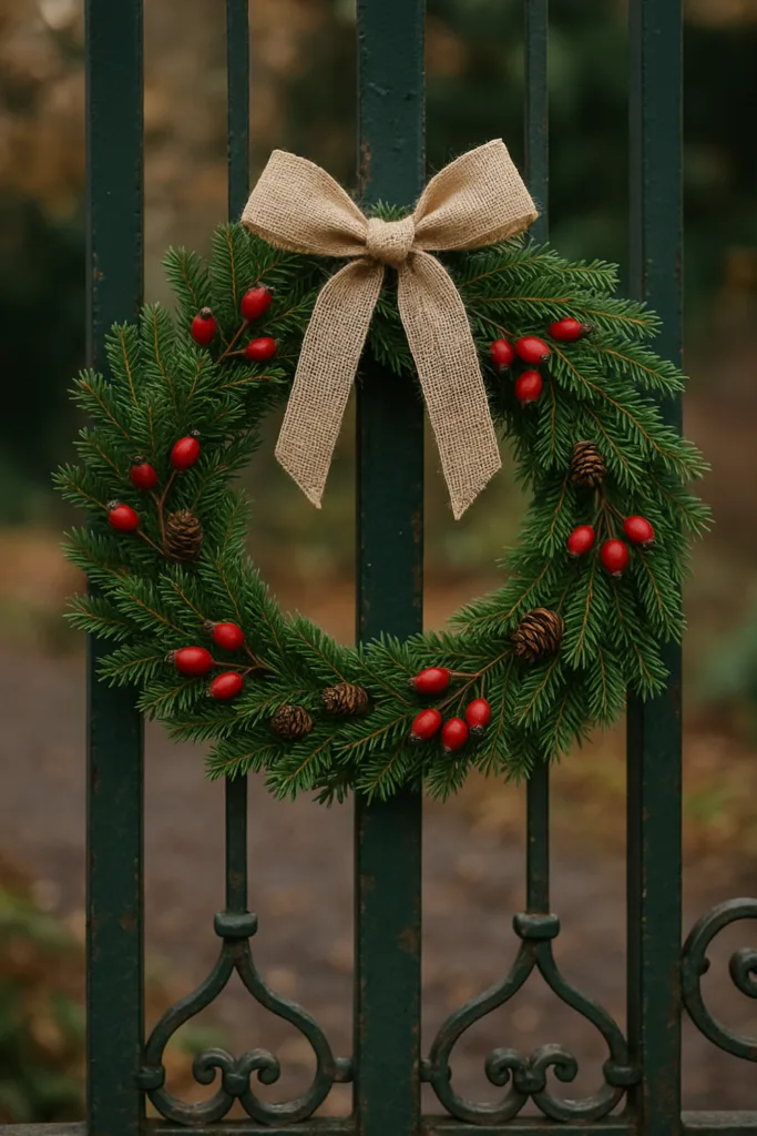 Weihnachtsdeko Gartentor mit klassischem Kranz aus Tannenzweigen und Hagebutten