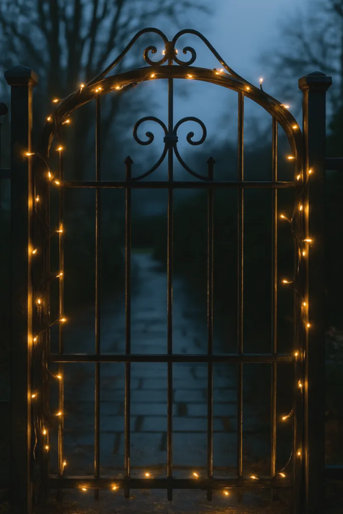 Weihnachtsdeko Gartentor mit LED-Lichterkette bei Dämmerung im winterlichen Garten