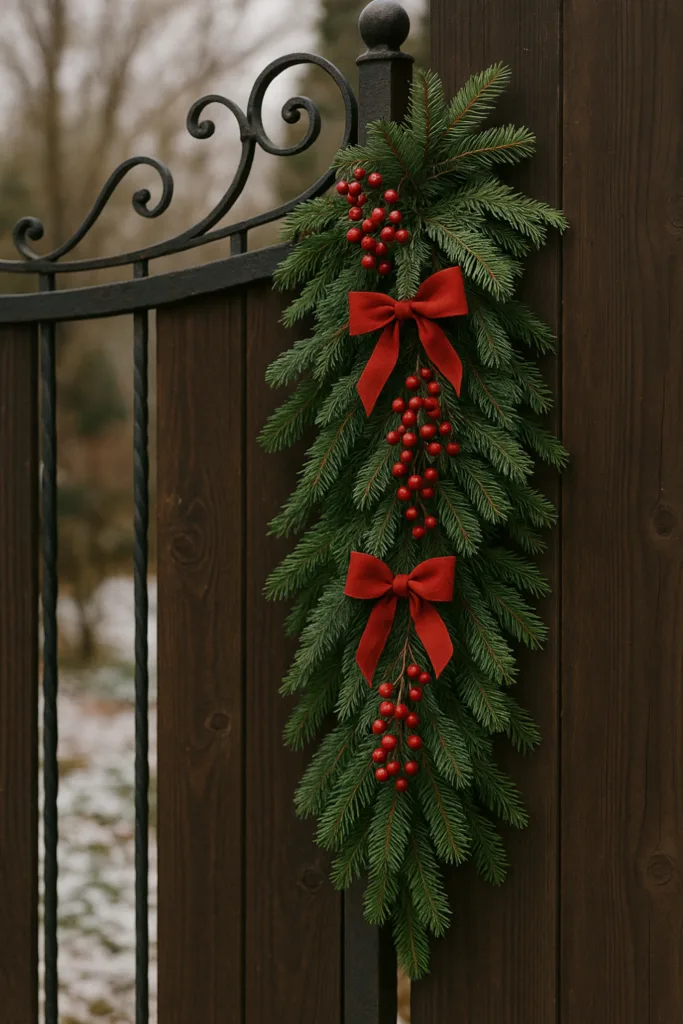 Weihnachtsdeko Gartentor mit grünen Zweigen, roten Beeren und Schleifen im Winter