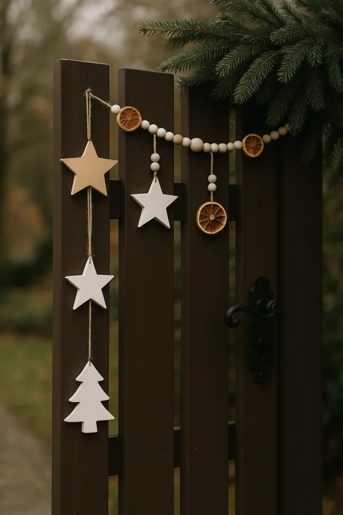 Skandinavische Weihnachtsdeko mit Holzsternen und Orangenscheiben am Gartentor im Winter