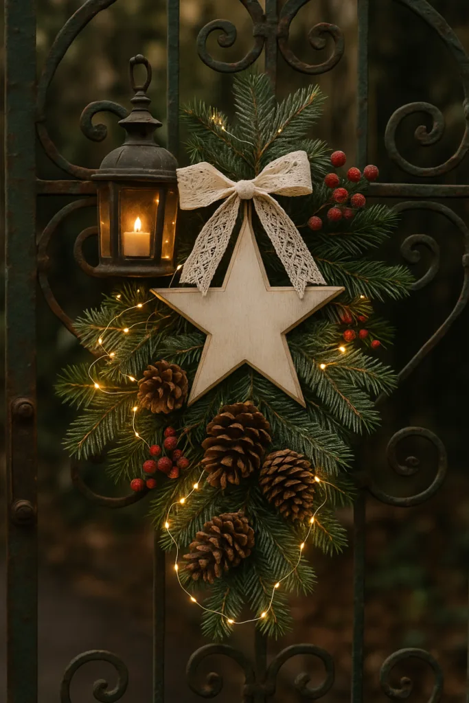 Vintage-Weihnachtsdeko am Gartentor mit Laterne, Tannenzweigen und Holzstern
