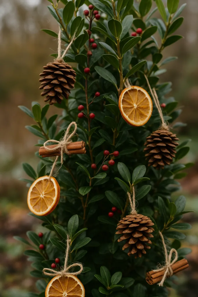 Weihnachtsdeko für Sträucher und Bäume - 6 schöne Ideen für deinen Garten Natürliche Weihnachtsdeko für Sträucher mit Tannenzapfen, Orangenscheiben und Zimt im Garten