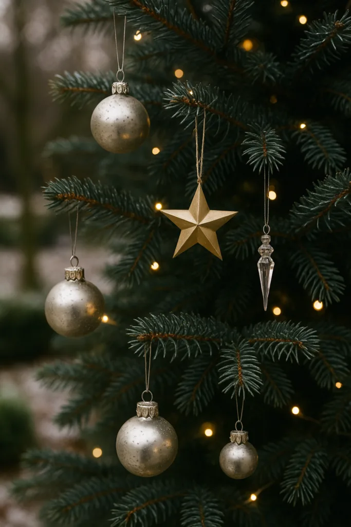 Weihnachtsdeko für Sträucher und Bäume - 6 schöne Ideen für deinen Garten Weihnachtsdeko für Bäume mit silbernen Kugeln und Glasornamenten im winterlichen Garten
