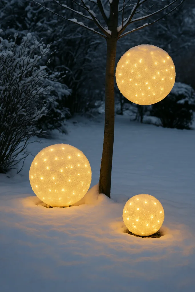 Weihnachtsdeko für Sträucher und Bäume - 6 schöne Ideen für deinen Garten Leuchtkugeln als Weihnachtsdeko für Sträucher und Bäume im winterlichen Garten