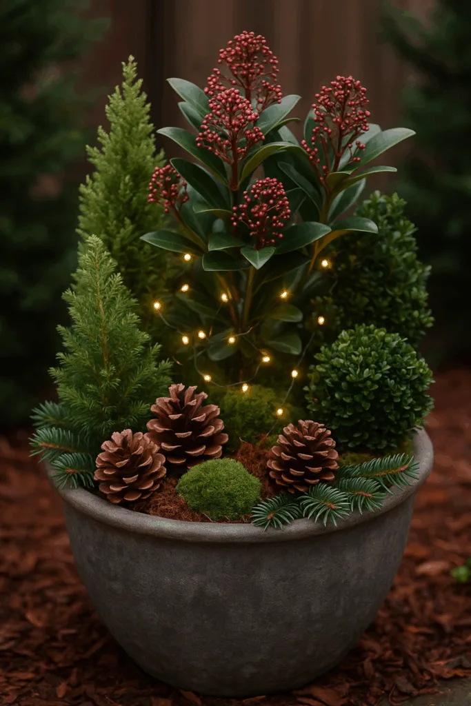 Winterliche Pflanzschale mit Skimmia und Lichterkette als Weihnachtsdeko im kleinen Garten