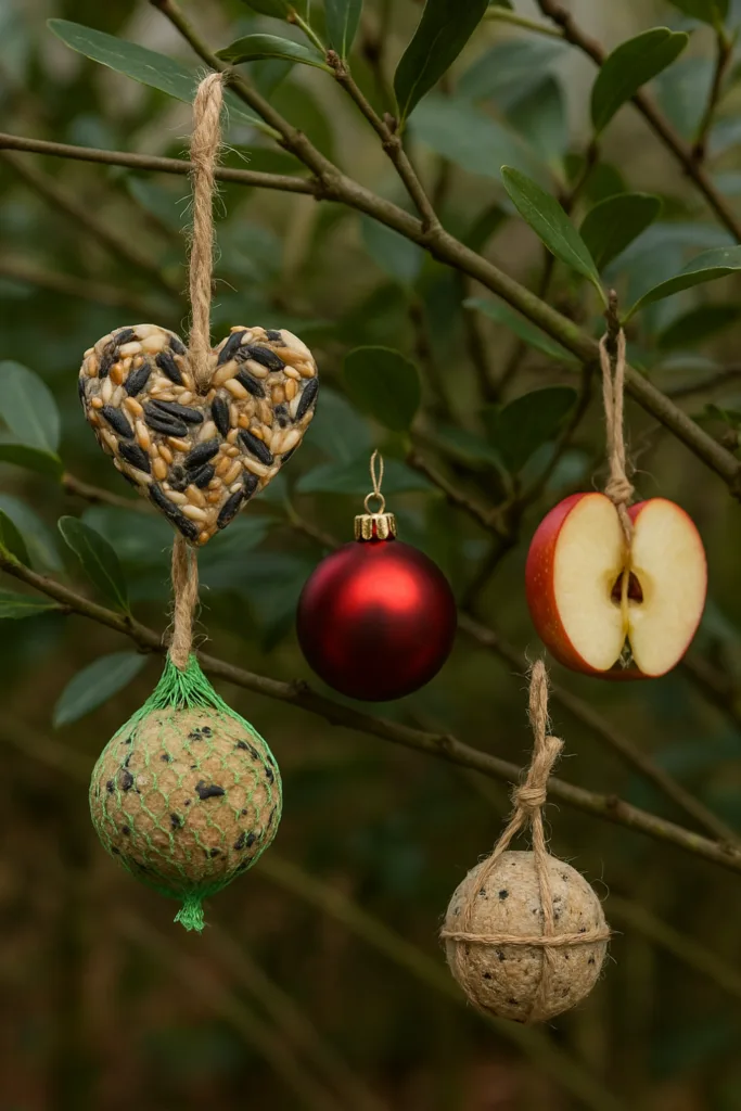 Weihnachtsdeko für Sträucher und Bäume - 6 schöne Ideen für deinen Garten Natürliche Weihnachtsdeko aus Vogelfutter an Sträuchern und Bäumen im winterlichen Garten