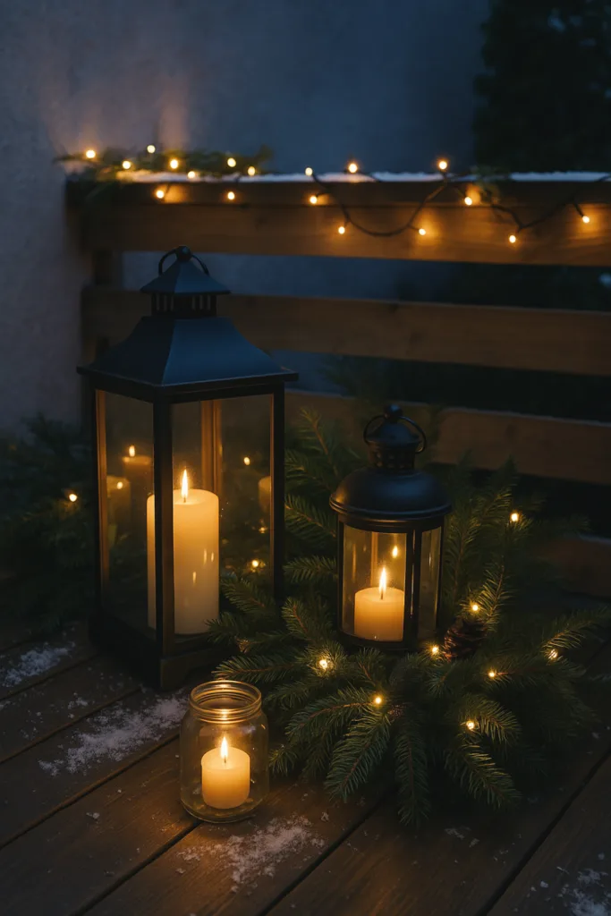 Weihnachtsdeko für die Terrasse - 6 Ideen, die echtes Weihnachts-Feeling bringen Laternen und Lichterkette als Weihnachtsdeko auf winterlicher Terrasse bei Dämmerung