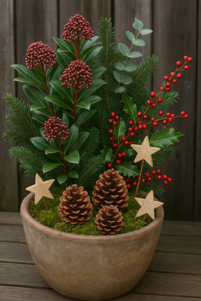 Weihnachtsdeko für die Terrasse - 6 Ideen, die echtes Weihnachts-Feeling bringen Weihnachtlich dekorierter Pflanzkübel mit Tannenzweigen und roten Beeren auf Terrasse
