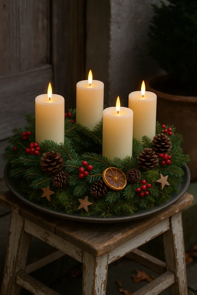 Weihnachtsdeko für die Terrasse - 6 Ideen, die echtes Weihnachts-Feeling bringen Adventskranz mit Tannenzweigen und LED-Kerzen als Weihnachtsdeko auf der Terrasse