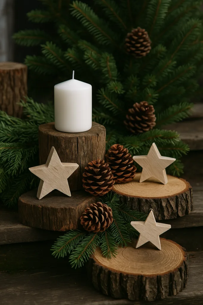 Weihnachtsdeko für die Terrasse - 6 Ideen, die echtes Weihnachts-Feeling bringen Rustikale Weihnachtsdeko mit Holz, Zapfen und Kerze auf winterlicher Terrasse