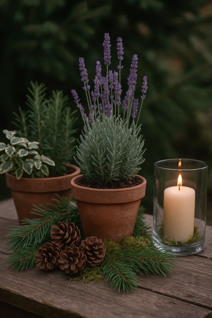 Weihnachtsdeko für die Terrasse - 6 Ideen, die echtes Weihnachts-Feeling bringen Lavendel, Rosmarin und Thymian als weihnachtliche Terrassen-Deko mit Kerzenlicht