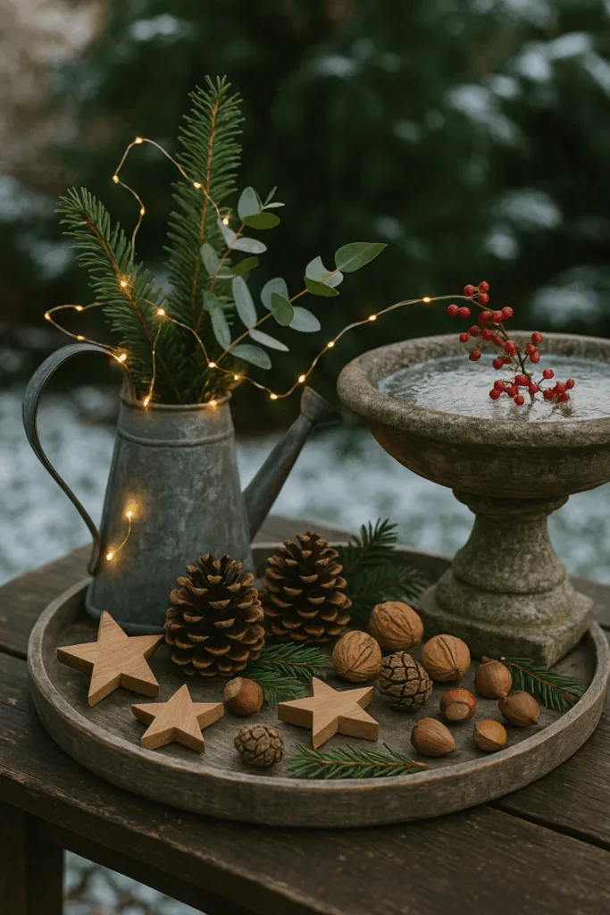 Weihnachtsdeko für kleine Gärten mit Lichterkette, Zapfen und Gießkanne