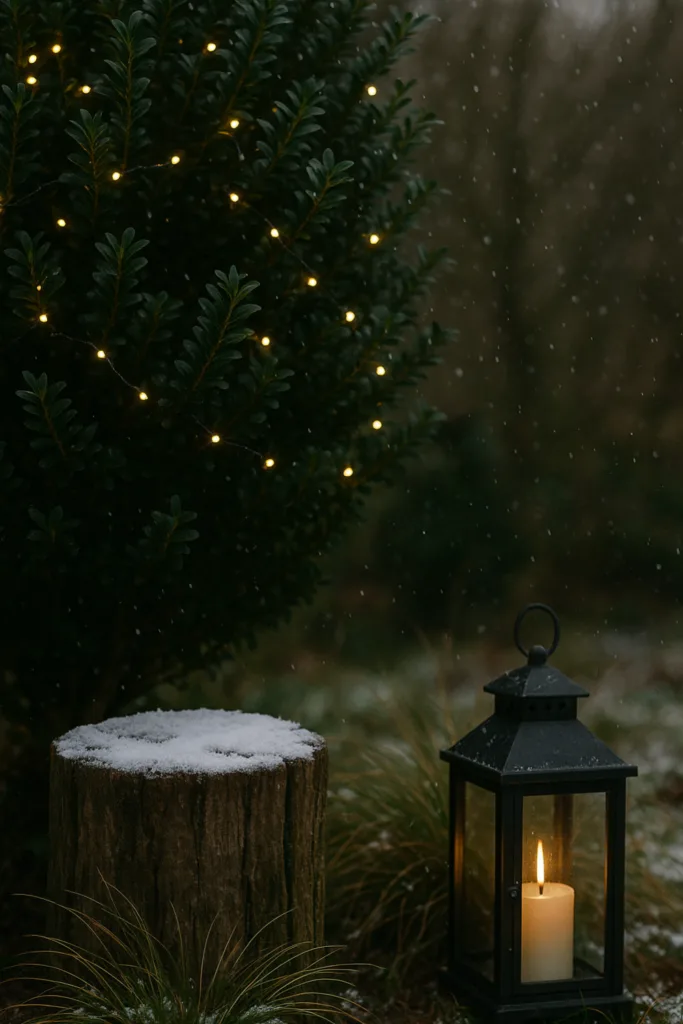 Diese 4 Fehler machen viele bei der Weihnachtsdeko im Garten Winterliche Gartenszene mit Lichterkette, Laterne und Schnee als Weihnachtsdeko