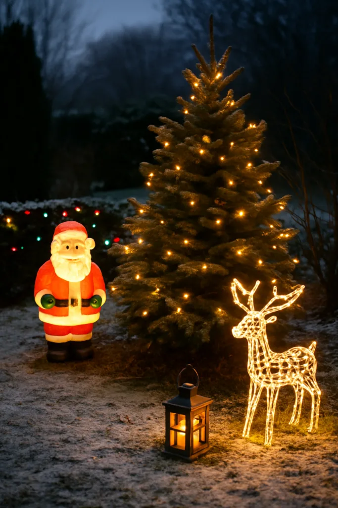 Diese 4 Fehler machen viele bei der Weihnachtsdeko im Garten Dezente Weihnachtsdeko im winterlichen Garten mit Lichterbaum und Rentierfigur
