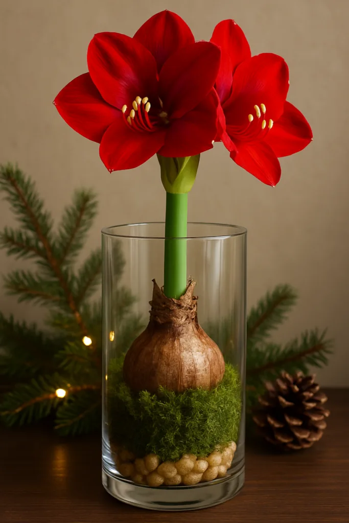 Rote Amaryllis im Glas mit Moos und Zapfen als winterliche Weihnachtsdeko