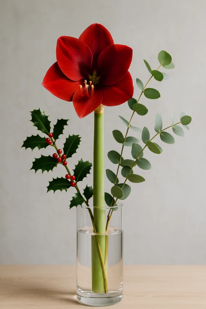 Rote Amaryllis in Glasvase mit Eukalyptus und Ilex als Weihnachtsdeko im Winter