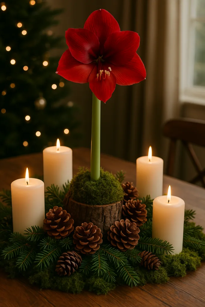 Amaryllis Deko zu Weihnachten mit roten Blüten, Moos, Kerzen und Tannenzweigen