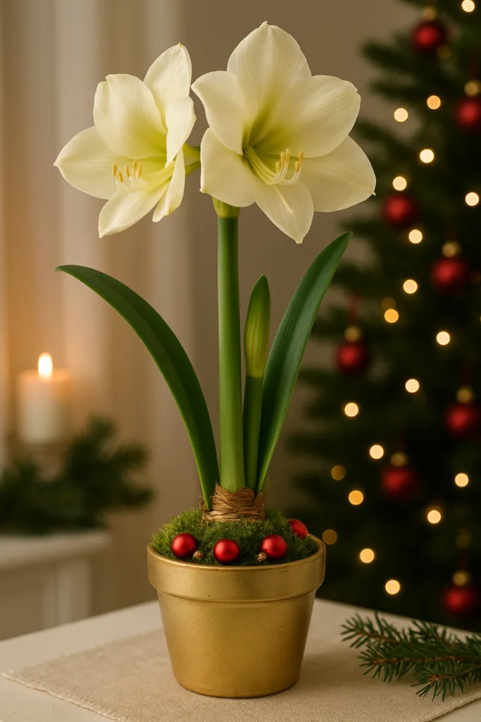Amaryllis im goldenen Topf mit Moos und Weihnachtsdeko im warmen Winterlicht
