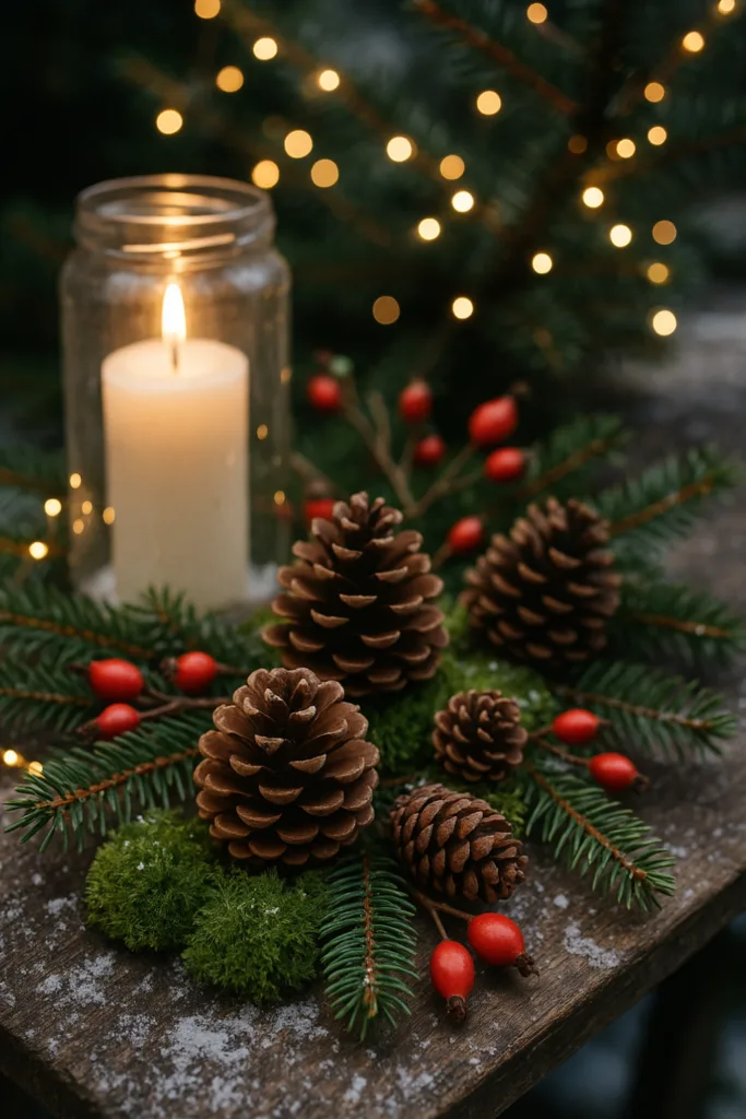 Silvesterdeko für den Garten - 5 schöne Ideen für deine Party im Freien Winterliche Sylvesterdeko im Garten mit Moos, Zapfen, Tannenzweigen und Kerzenlicht