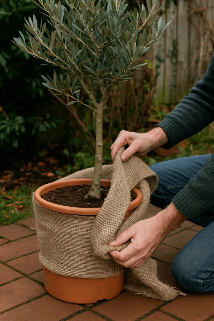 Kübelpflanze wird im Dezember im Garten mit Jute winterfest gemacht