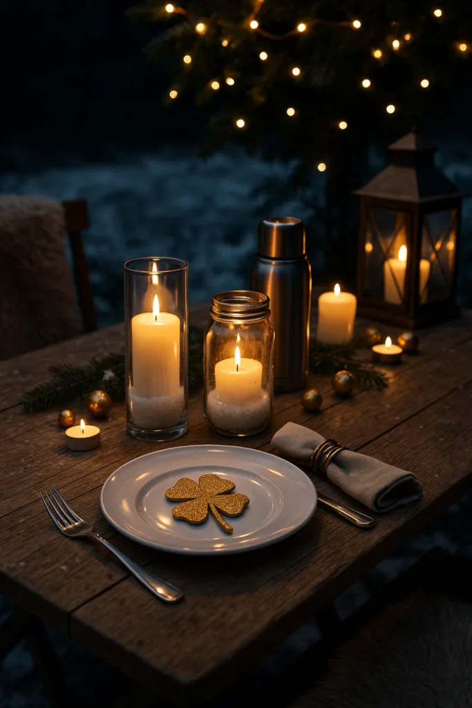 Silvesterdeko für den Garten - 5 schöne Ideen für deine Party im Freien Festlich gedeckter Gartentisch mit Kerzen und Silvesterdeko im Winter