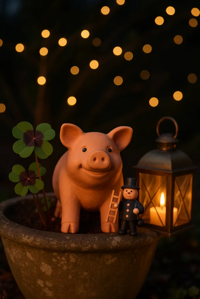 Silvesterdeko für den Garten - 5 schöne Ideen für deine Party im Freien Sylvesterdeko im Garten mit Glücksschwein, Kleeblatt und Laterne bei Abendlicht