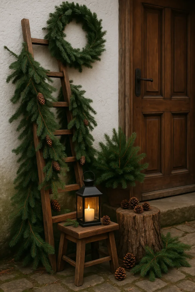 Weihnachtsdeko für den Hauseingang - 5 schöne und einladende Ideen Rustikale Weihnachtsdeko für den Hauseingang mit Holzleiter, Tannengrün und Laterne