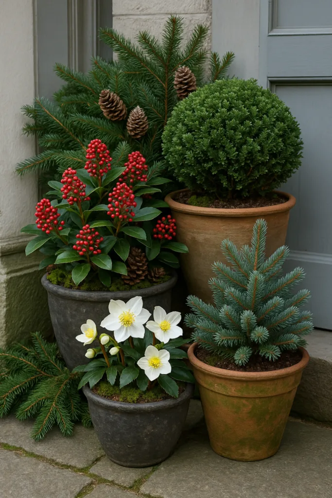 Weihnachtsdeko für den Hauseingang - 5 schöne und einladende Ideen Weihnachtsdeko für den Hauseingang mit winterharten Pflanzen in Pflanzkübeln