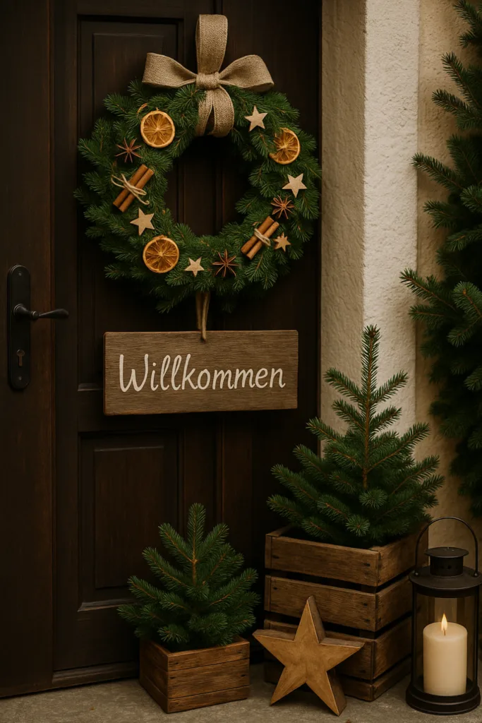 Weihnachtsdeko für den Hauseingang - 5 schöne und einladende Ideen Weihnachtlicher Türkranz mit Tannenzweigen, Orangen und Holzdeko am Hauseingang