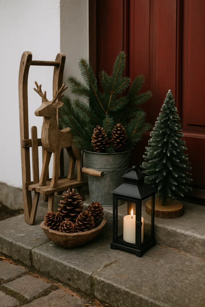 Weihnachtsdeko für den Hauseingang - 5 schöne und einladende Ideen Rustikale Weihnachtsdeko am Hauseingang mit Holzfigur, Tannenzweigen und Laterne