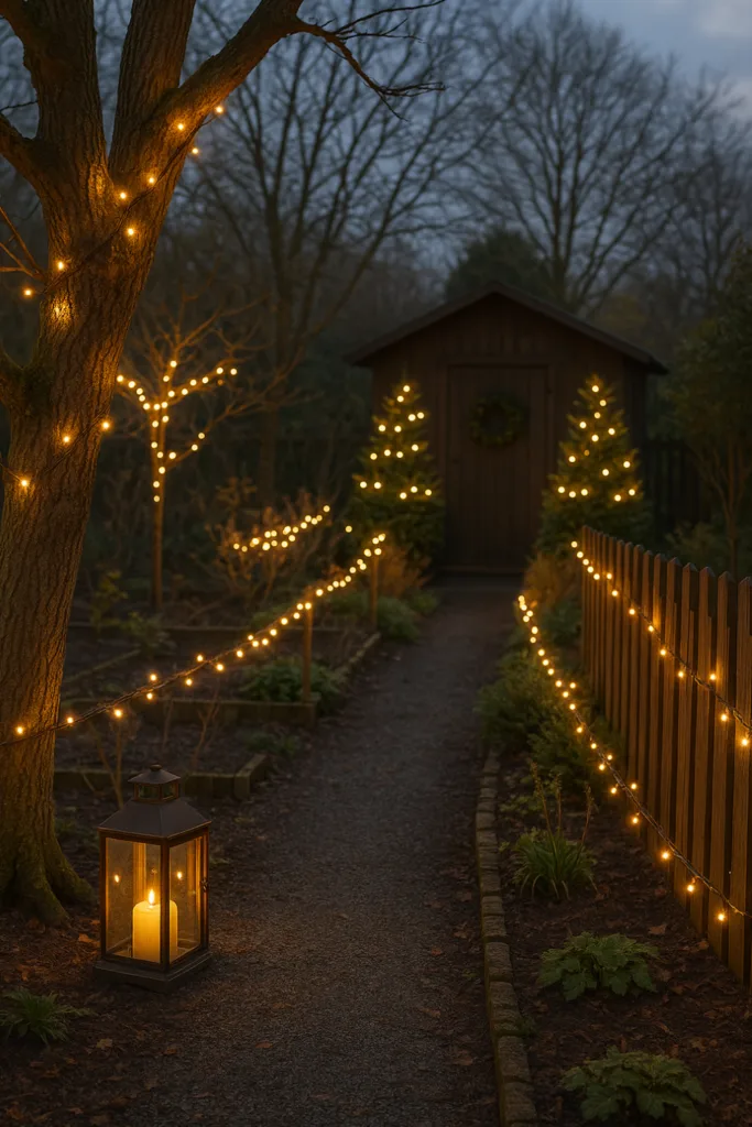 Verschneiter Schrebergarten mit Lichterketten, Laternen und Gartenhaus in Weihnachtsdeko